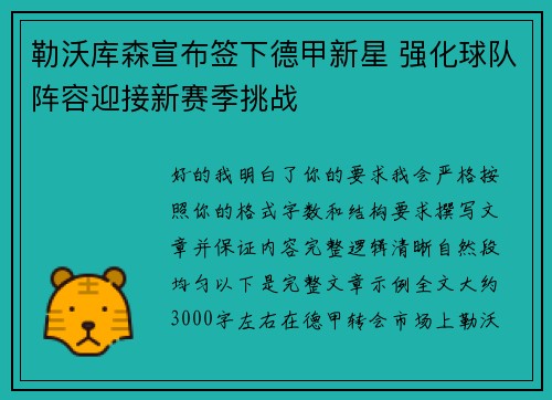 勒沃库森宣布签下德甲新星 强化球队阵容迎接新赛季挑战